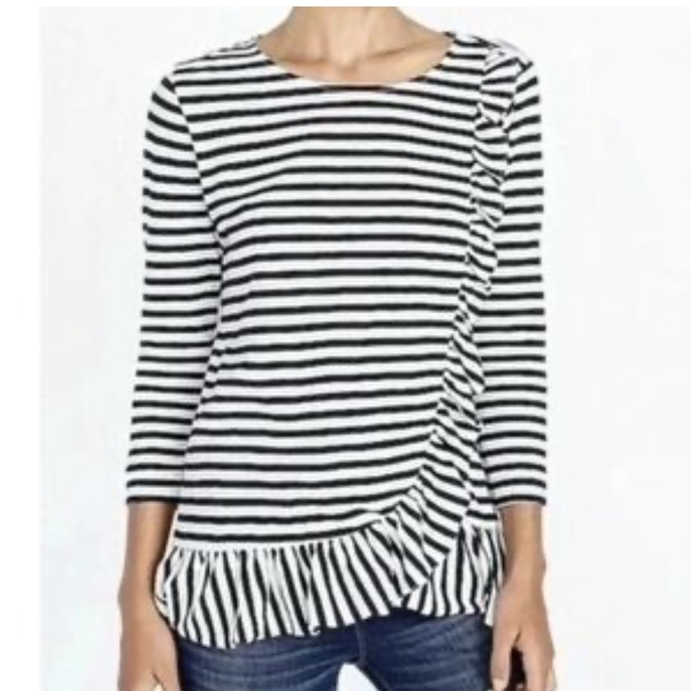 J. Crew Striped Ruffle Hem Top 3/4 Cotton Top